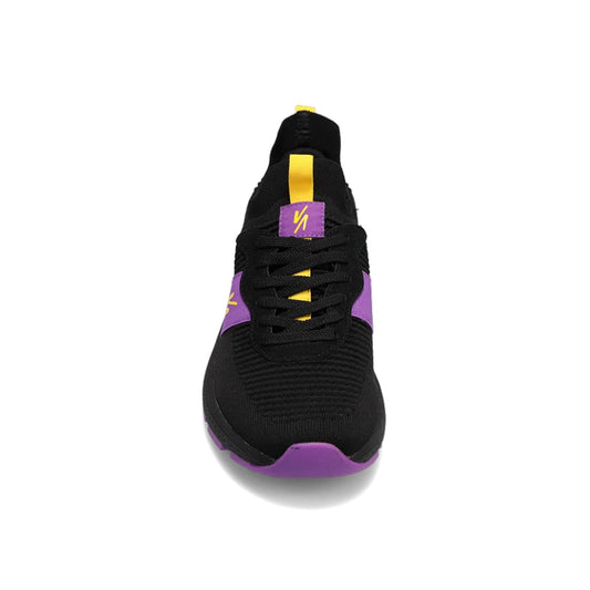 Front view of RIVAL Men's Reign sneaker in black/purple/yellow.