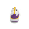 Heel view of RIVAL Women's Reign in White/Purple/Yellow.