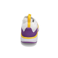 Heel view of RIVAL Women's Reign in White/Purple/Yellow.