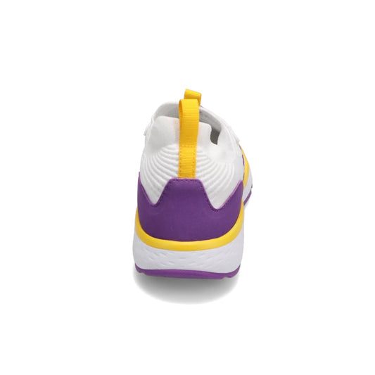 Heel view of RIVAL Women's Reign in White/Purple/Yellow.