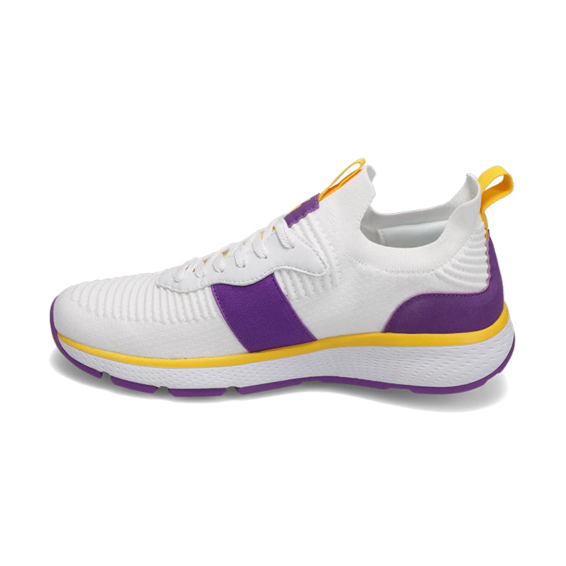 Side view of RIVAL Men's Reign in White/Purple/Yellow.