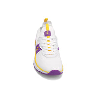 Toe view of RIVAL Women's Reign in White/Purple/Yellow.
