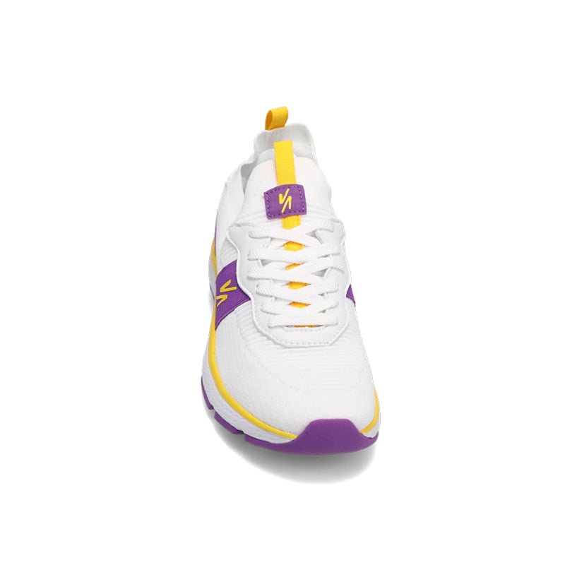 Toe view of RIVAL Women's Reign in White/Purple/Yellow.