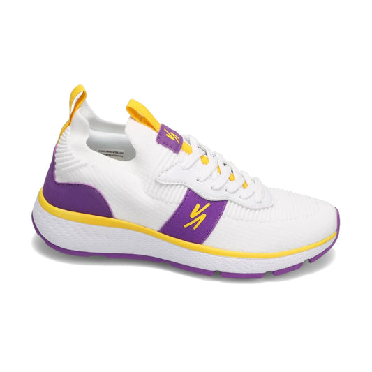Side view of RIVAL Women's Reign in White/Purple/Yellow.