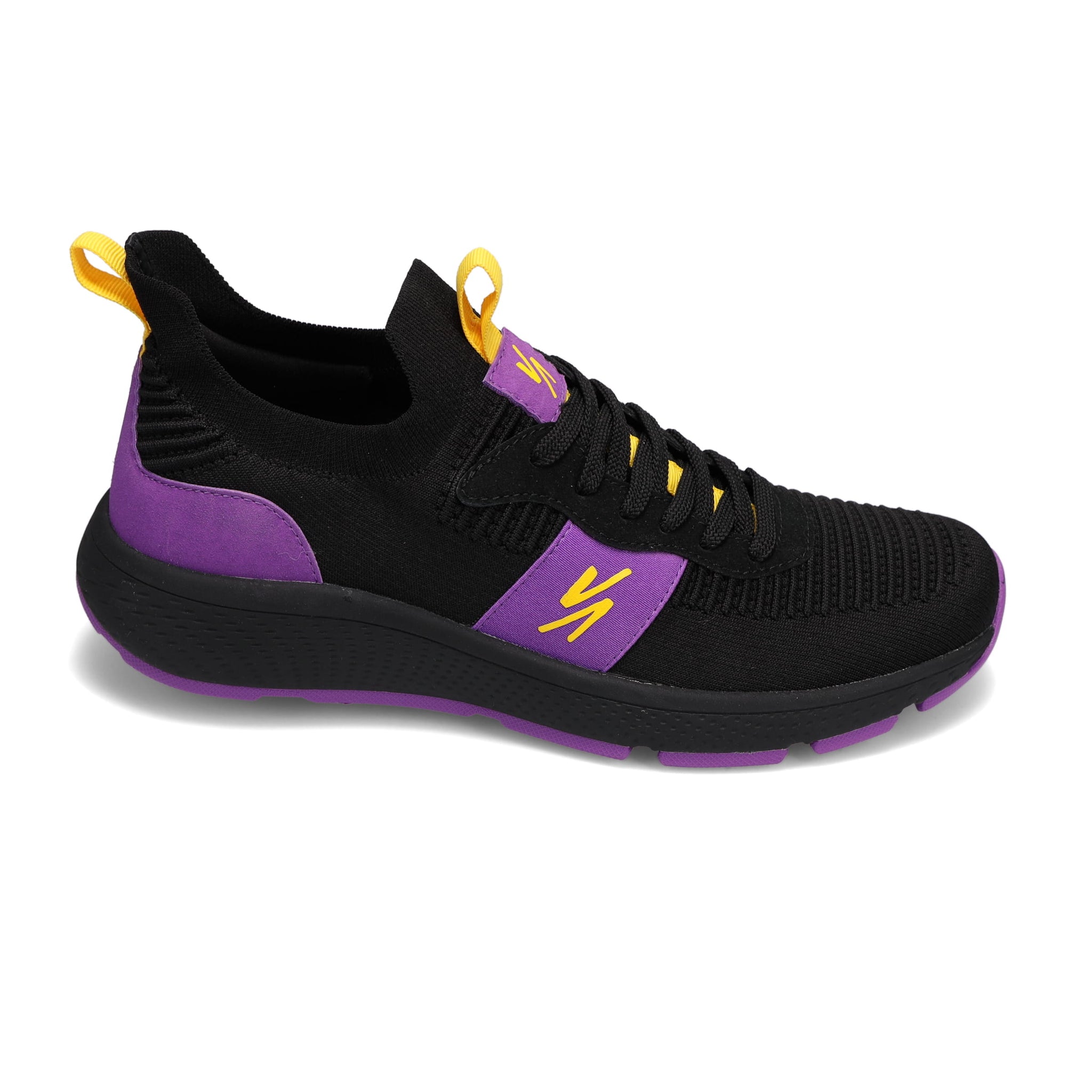 Side view of RIVAL Men's Reign sneaker in black/purple/yellow.