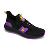 Angled side view of RIVAL Men's Reign sneaker in black/purple/yellow.