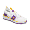 Angled side view of RIVAL Women's Reign in White/Purple/Yellow.