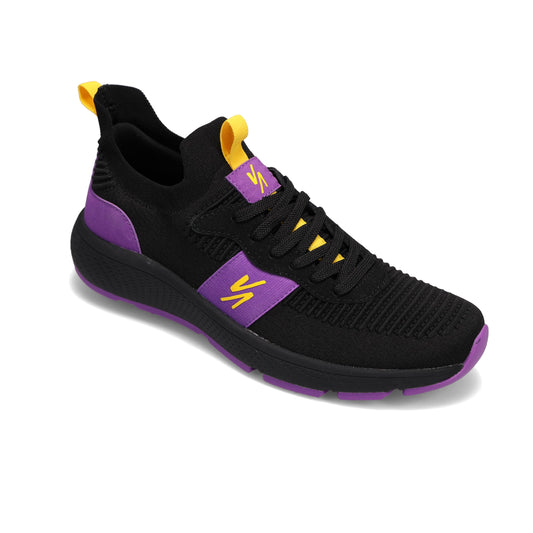 Angled side view of RIVAL Men's Reign sneaker in black/purple/yellow.