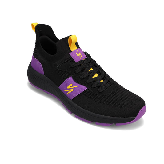 Angled side view of RIVAL Men's Reign sneaker in black/purple/yellow.