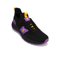Angled side view of RIVAL Men's Reign sneaker in black/purple/yellow.