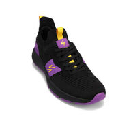 Angled side view of RIVAL Men's Reign sneaker in black/purple/yellow.