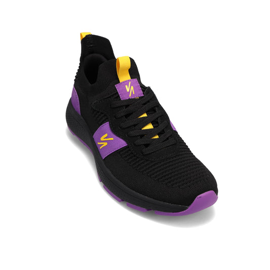 Angled side view of RIVAL Men's Reign sneaker in black/purple/yellow.