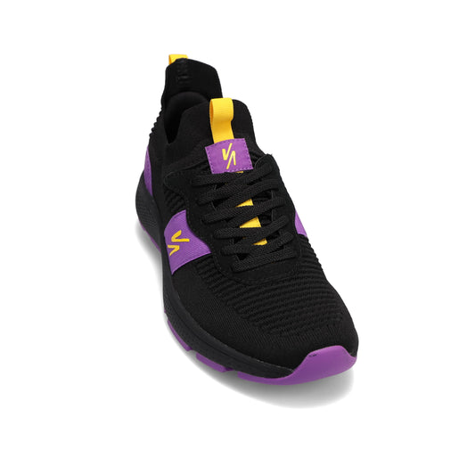 Front view of RIVAL Men's Reign sneaker in black/purple/yellow.