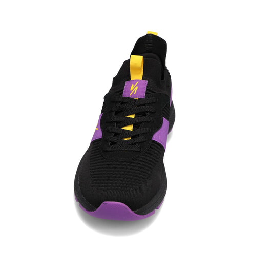 Front view of RIVAL Men's Reign sneaker in black/purple/yellow.