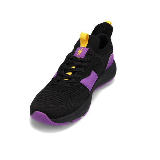 Front view of RIVAL Men's Reign sneaker in black/purple/yellow.