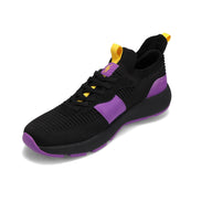 Angled side view of RIVAL Men's Reign sneaker in black/purple/yellow.