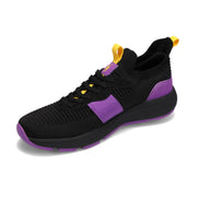 Angled side view of RIVAL Men's Reign sneaker in black/purple/yellow.