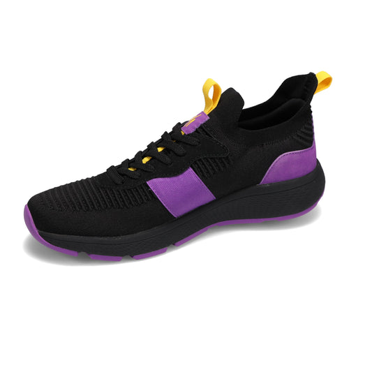 Side view of RIVAL Men's Reign sneaker in black/purple/yellow.
