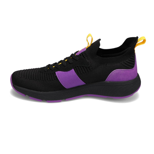 Side view of RIVAL Men's Reign sneaker in black/purple/yellow.