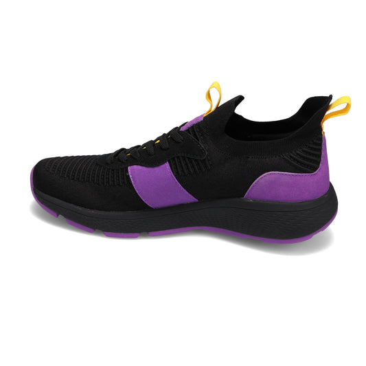Side view of RIVAL Men's Reign sneaker in black/purple/yellow.