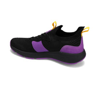 Angled side view of RIVAL Men's Reign sneaker in black/purple/yellow.
