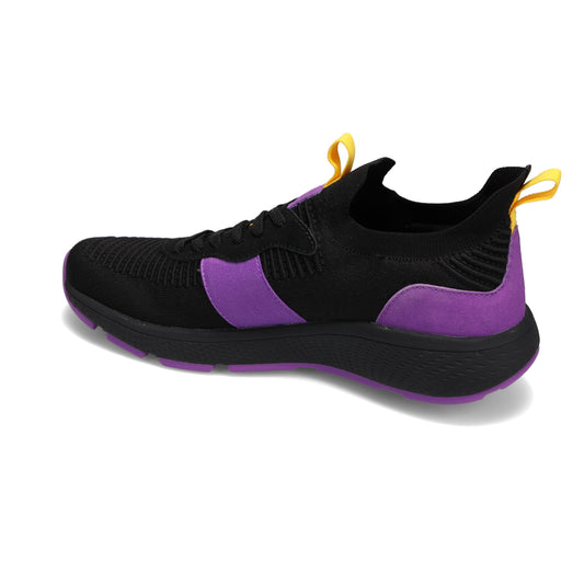 Angled side view of RIVAL Men's Reign sneaker in black/purple/yellow.