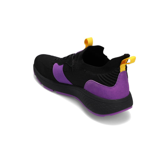 Angled back view of RIVAL Men's Reign sneaker in black/purple/yellow.