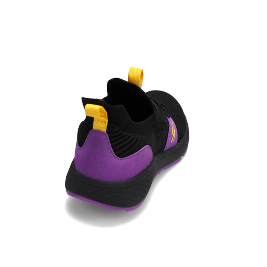 Angled back view of RIVAL Men's Reign sneaker in black/purple/yellow.
