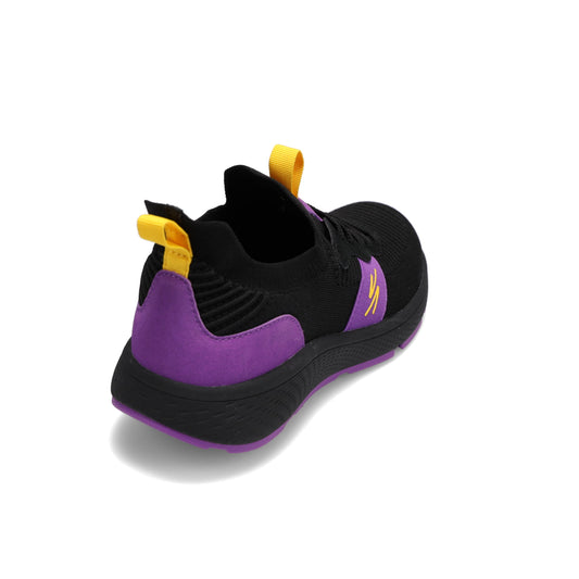 Angled back view of RIVAL Men's Reign sneaker in black/purple/yellow.