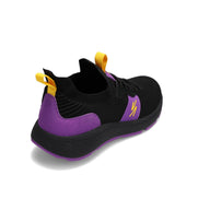 Angled back view of RIVAL Men's Reign sneaker in black/purple/yellow.