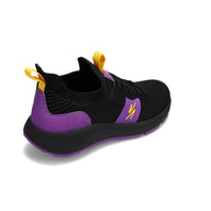 Angled back view of RIVAL Men's Reign sneaker in black/purple/yellow.