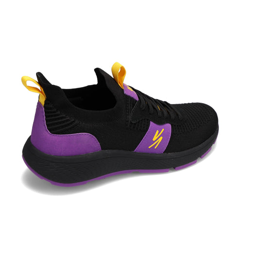 Angled side view of RIVAL Men's Reign sneaker in black/purple/yellow.