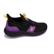 Angled side view of RIVAL Men's Reign sneaker in black/purple/yellow.