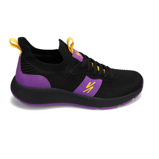 Side view of RIVAL Men's Reign sneaker in black/purple/yellow.