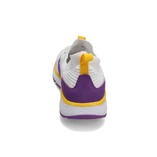 Heel view of RIVAL Men's Reign in White/Purple/Yellow.