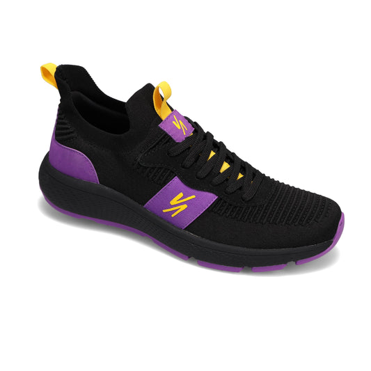 Angled side view of RIVAL Men's Reign sneaker in black/purple/yellow.