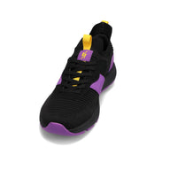 Front view of RIVAL Men's Reign sneaker in black/purple/yellow.